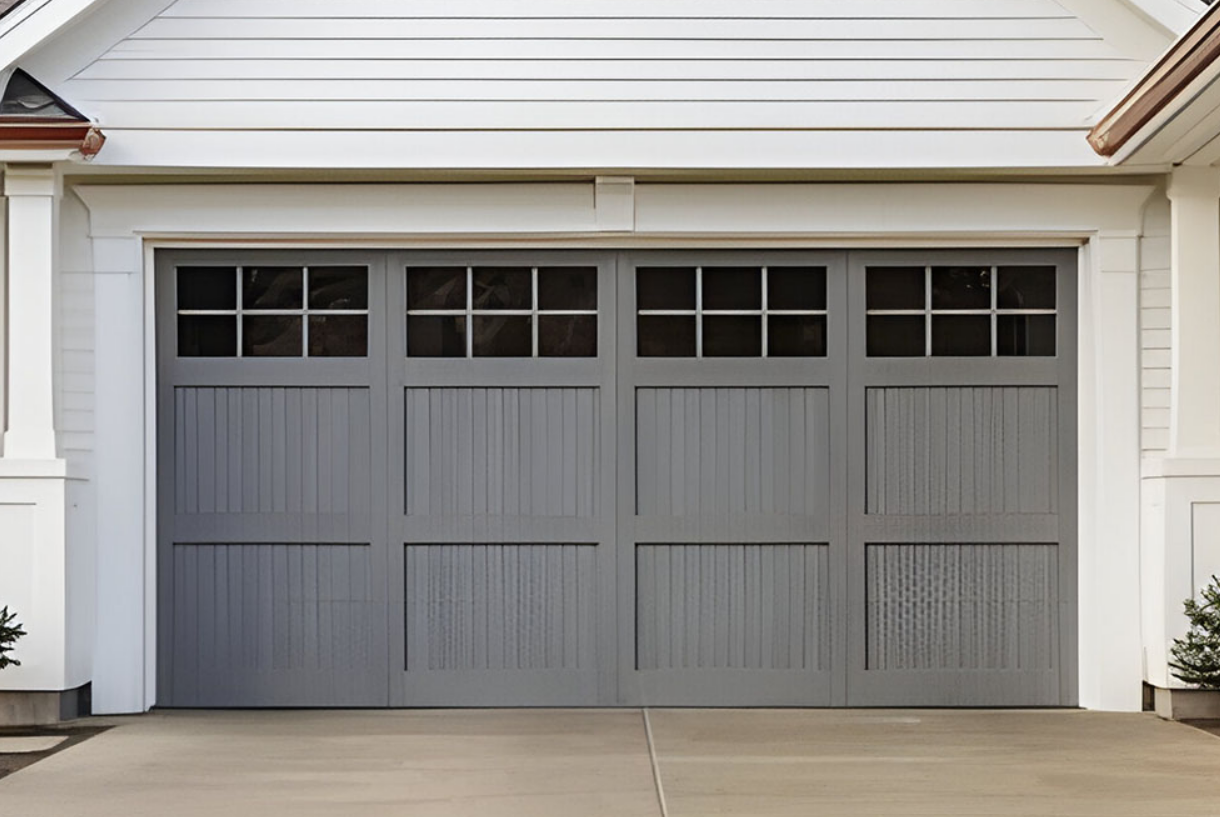 a professional technician providing same-day garage door repair services in Fort Pierce, FL. The technician is adjusting the garage door mechanism to ensure smooth operation. A residential neighborhood is visible in the background, emphasizing the local service area.